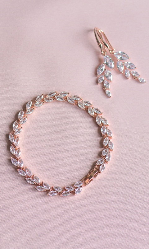 Rose Gold Leafi - komplet biżuterii ślubnej w różowym złocie