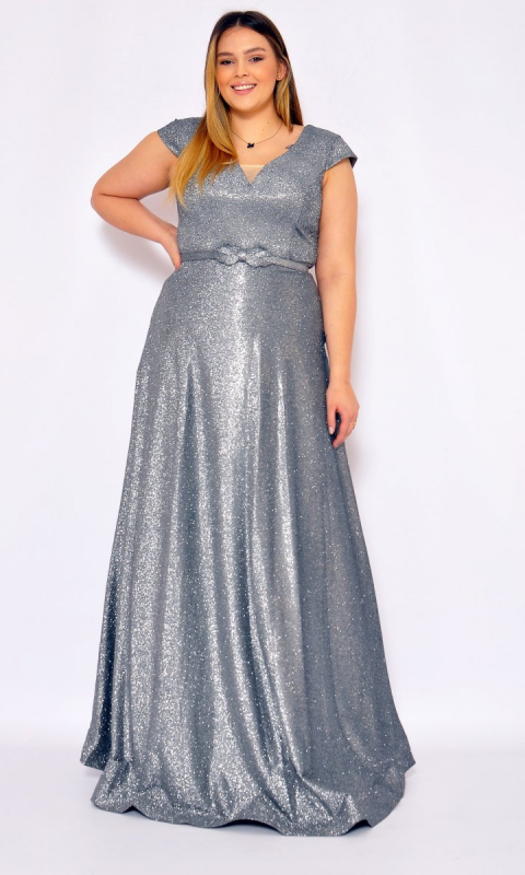 M&M - Elegancka połyskująca sukienka maxi w kolorze ciemnego srebra. Model: CU-7011 - Rozmiar: 44(XXL)