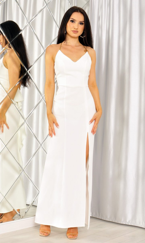 M&M - Sukienka ślubna z falbanką z tyłu oraz złotymi gumeczkami na plecach. .MODEL:EV-7550 - Rozmiar: 34(XS)