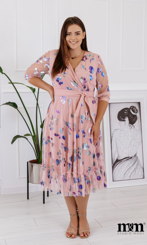 M&M - Sukienka midi w kolorze różowym w kwiaty holo. MODEL:HI-7624 - Rozmiar: 36(S)