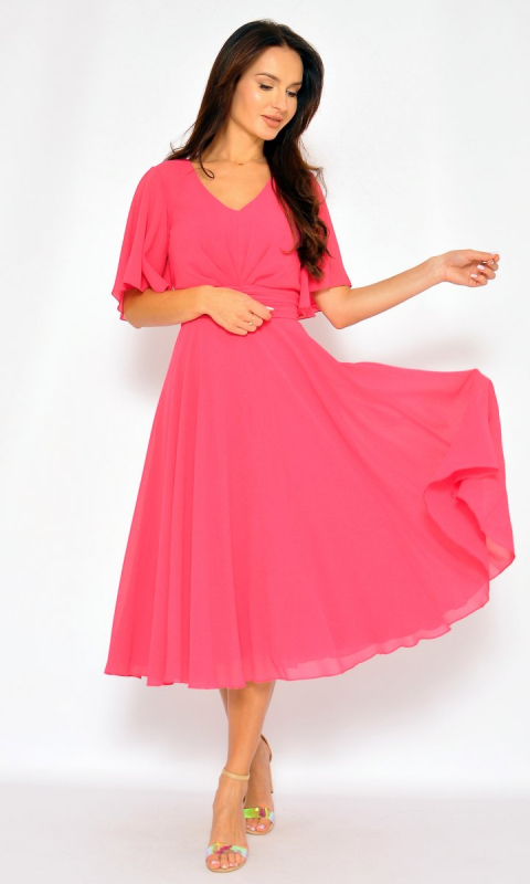 M&M - Szyfonowa sukienka midi ze zwiewnym rękawkiem w kolorze malinowym. Model: DN-7616 - Rozmiar: 38(M)