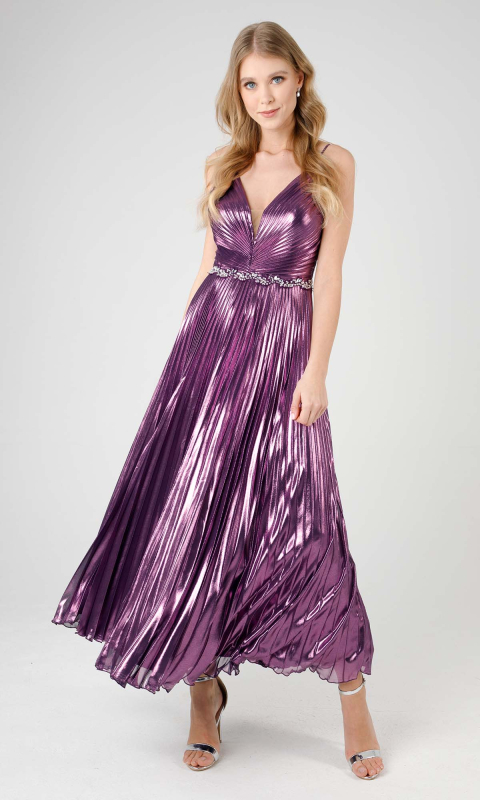 Plisowana fioletowa sukienka z ozdobnym paskiem _XXL