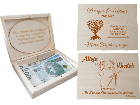 Pudełko na pieniądze, pamiątka ślubu, prezent na wesele, kartka, grawer, życzenia.