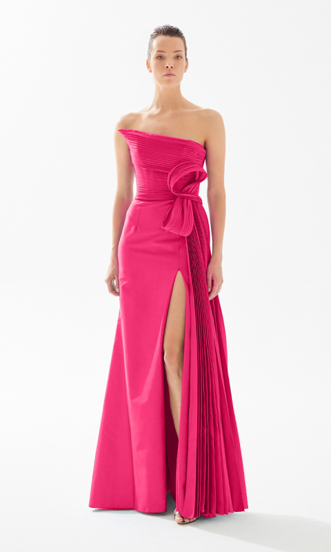Suknia wieczorowa z kokardą i falbaną - różowa _XS