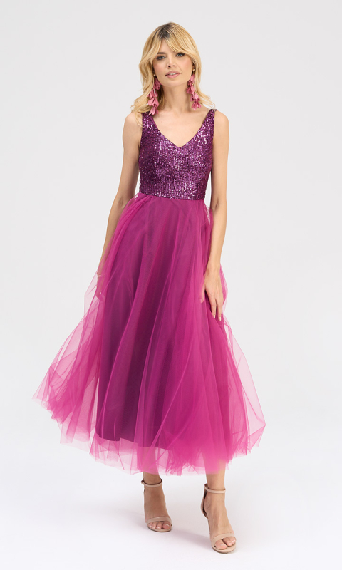 Tiulowa fioletowa sukienka z cekinową górą _XS