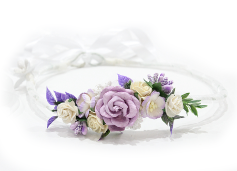 Wianek ślubny delikatny z kwiatów biały fioletowy 