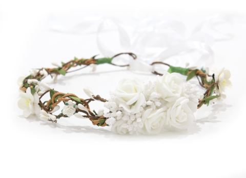 Wianek ślubny z kwiatów Szpulinka boho na gałązkach biały 