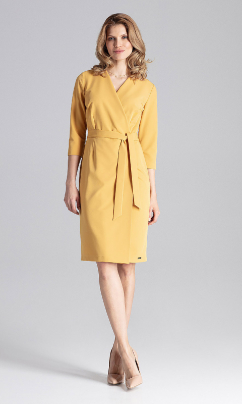 Klasyczna sukienka z kopertowym dekoltem żółta