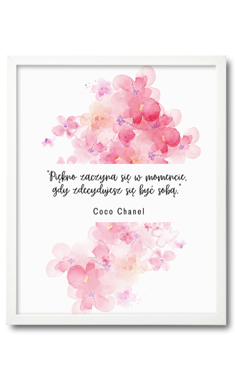 Plakat cytat Coco Chanel w białej ramce