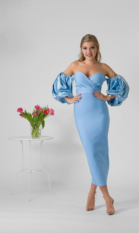 Venice || Niebieska sukienka maxi z bufkami S
