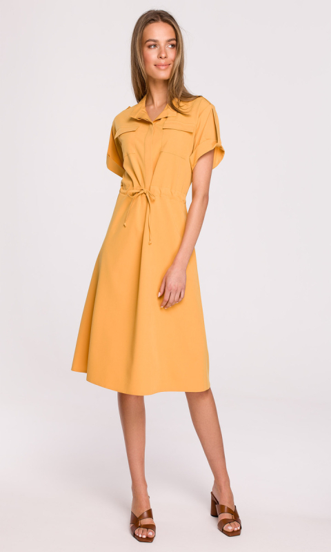 Sukienka z kieszeniami i wiązaniem-żółta